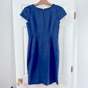Ellie Tahari Blue Wool Cap Sleeved Dress with Leather Trim